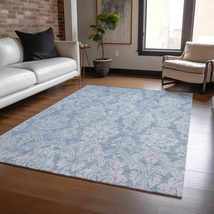 9' X 12' Blue And Ivory Damask Washable Indoor Outdoor Area Rug