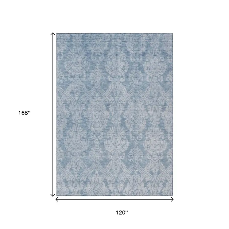 10' X 14' Blue And Ivory Damask Washable Indoor Outdoor Area Rug