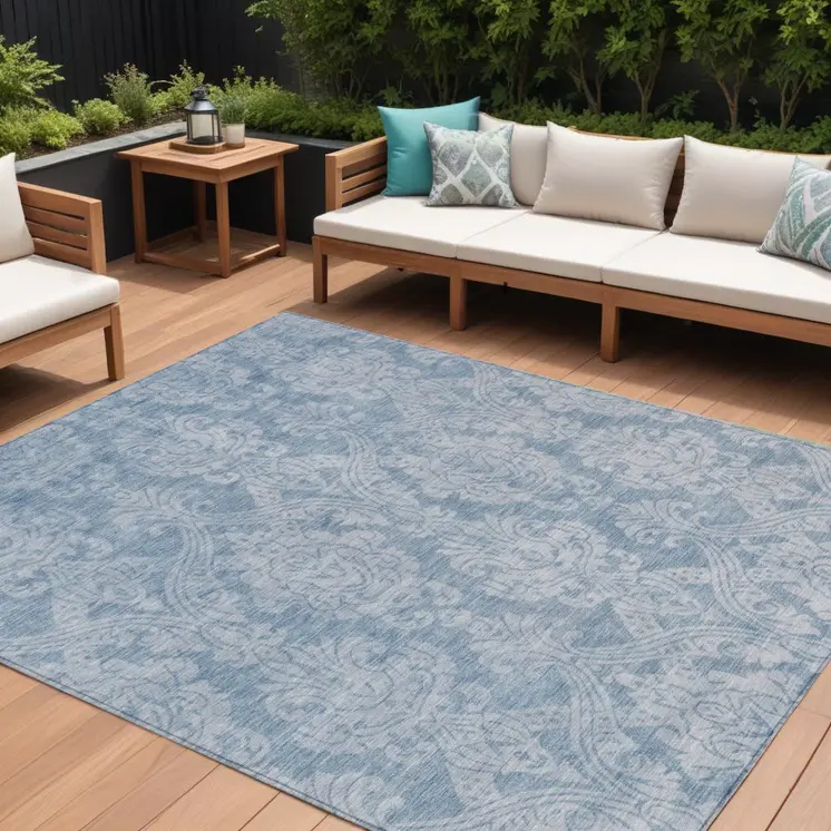 10' X 14' Blue And Ivory Damask Washable Indoor Outdoor Area Rug