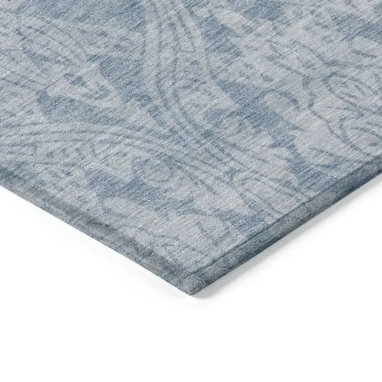 10' X 14' Blue And Ivory Damask Washable Indoor Outdoor Area Rug