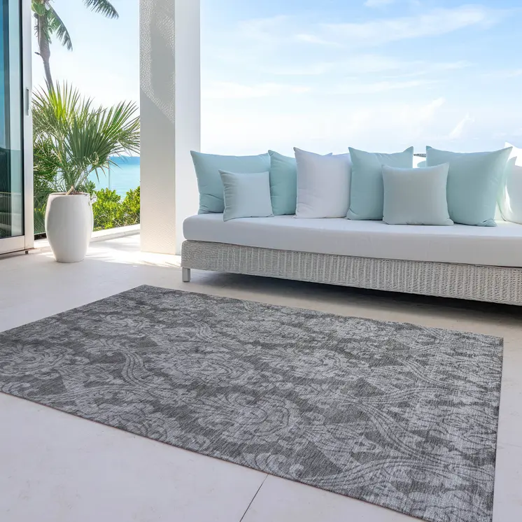 3' X 5' Gray And Pewter Damask Washable Indoor Outdoor Area Rug