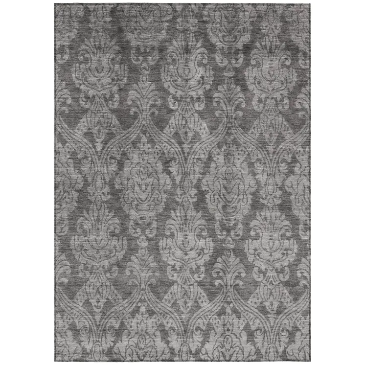 3' X 5' Gray And Pewter Damask Washable Indoor Outdoor Area Rug