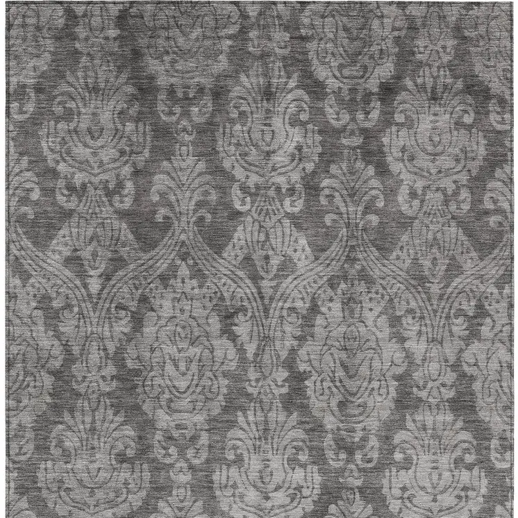 5' X 8' Gray And Pewter Damask Washable Indoor Outdoor Area Rug