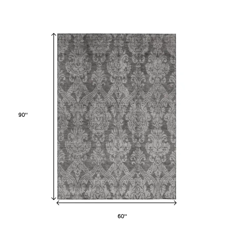 5' X 8' Gray And Pewter Damask Washable Indoor Outdoor Area Rug