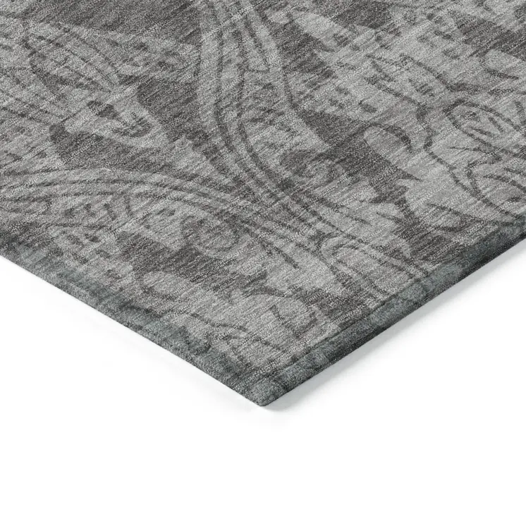 5' X 8' Gray And Pewter Damask Washable Indoor Outdoor Area Rug