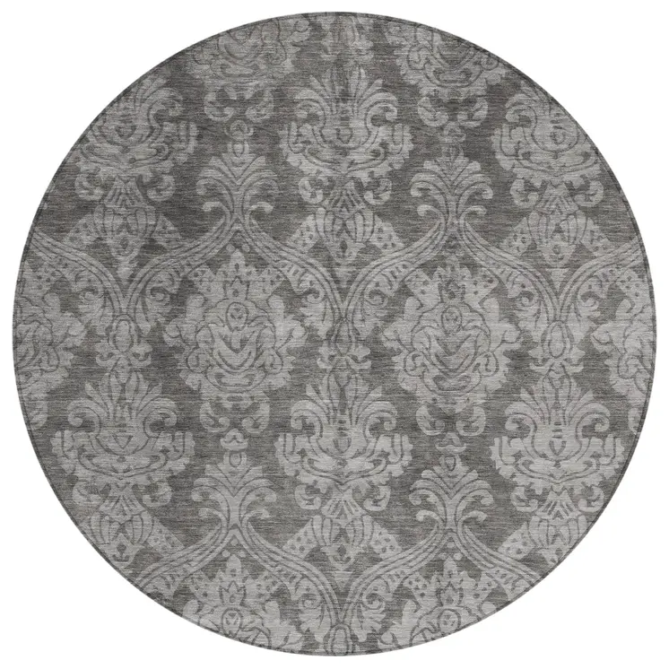 8' Gray And Pewter Round Damask Washable Indoor Outdoor Area Rug