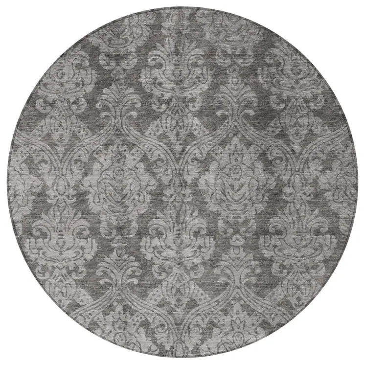8' Gray And Pewter Round Damask Washable Indoor Outdoor Area Rug