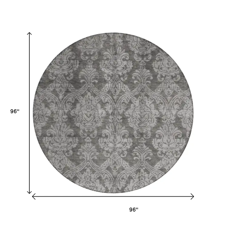 8' Gray And Pewter Round Damask Washable Indoor Outdoor Area Rug