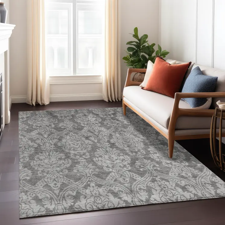 9' X 12' Gray And Pewter Damask Washable Indoor Outdoor Area Rug