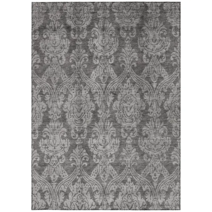 10' X 14' Gray And Pewter Damask Washable Indoor Outdoor Area Rug