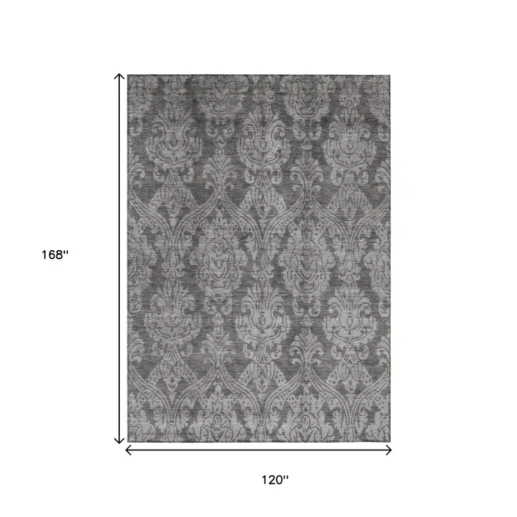 10' X 14' Gray And Pewter Damask Washable Indoor Outdoor Area Rug