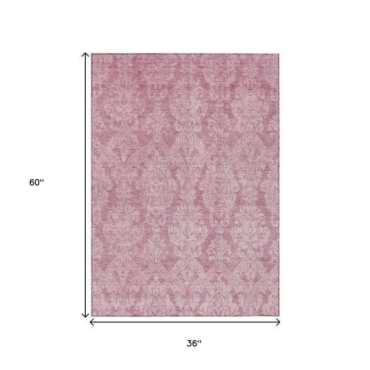 3' X 5' Pink And Ivory Damask Washable Indoor Outdoor Area Rug