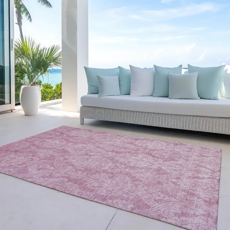5' X 8' Pink And Ivory Damask Washable Indoor Outdoor Area Rug