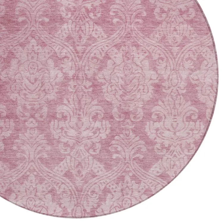 8' Pink And Ivory Round Damask Washable Indoor Outdoor Area Rug