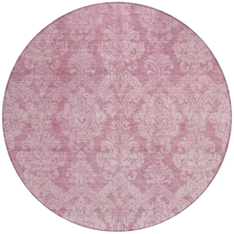 8' Pink And Ivory Round Damask Washable Indoor Outdoor Area Rug
