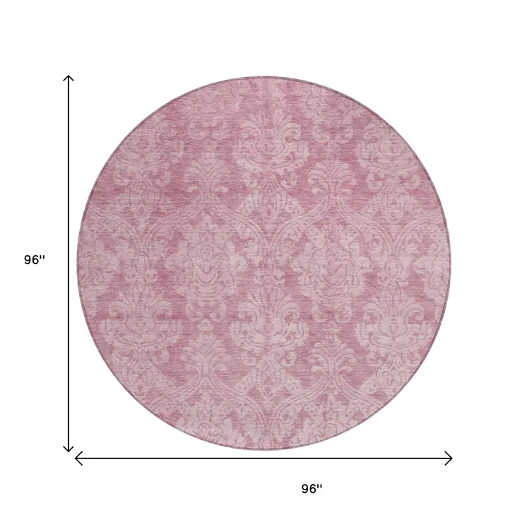 8' Pink And Ivory Round Damask Washable Indoor Outdoor Area Rug