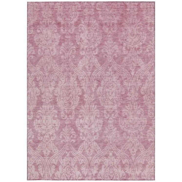 8' X 10' Pink And Ivory Damask Washable Indoor Outdoor Area Rug