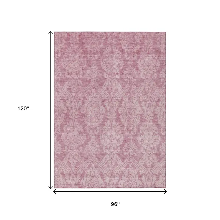 8' X 10' Pink And Ivory Damask Washable Indoor Outdoor Area Rug