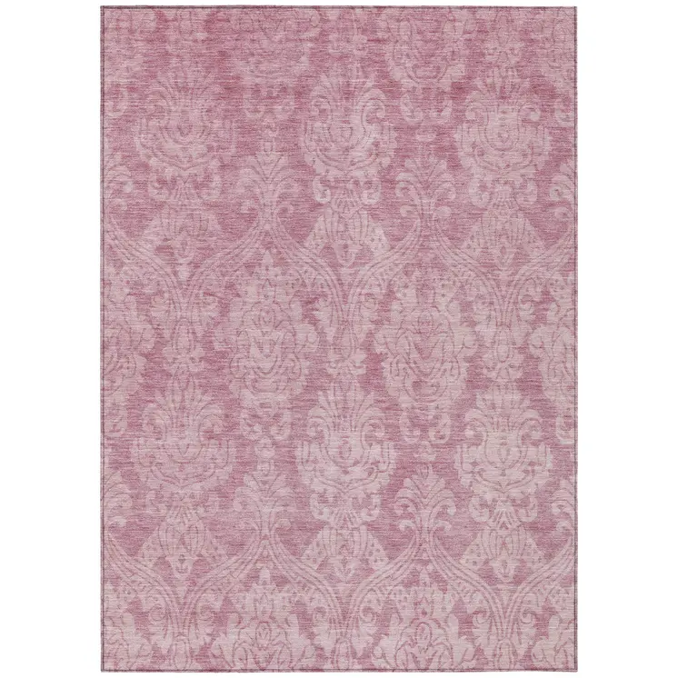 8' X 10' Pink And Ivory Damask Washable Indoor Outdoor Area Rug