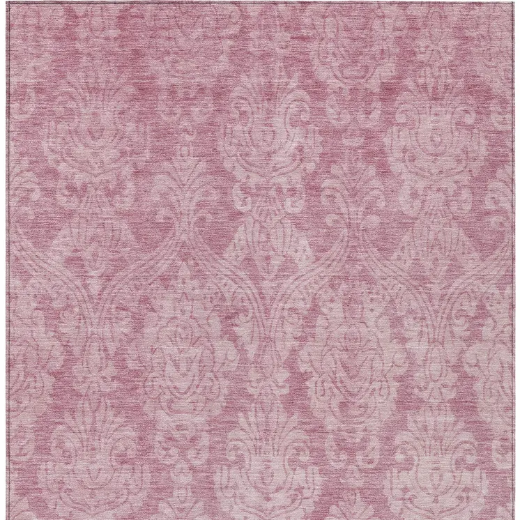 10' X 14' Pink And Ivory Damask Washable Indoor Outdoor Area Rug