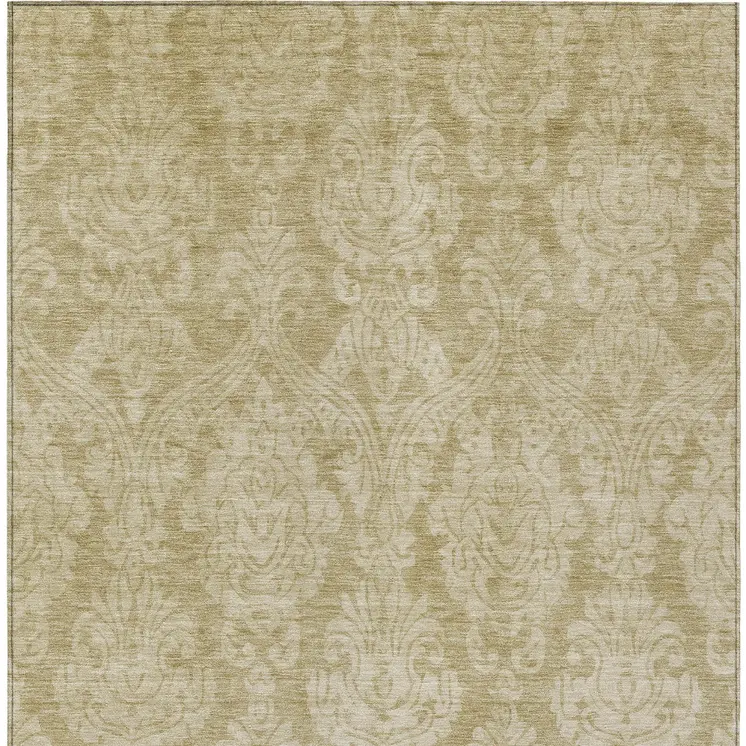 3' X 5' Tan And Beige Damask Washable Indoor Outdoor Area Rug