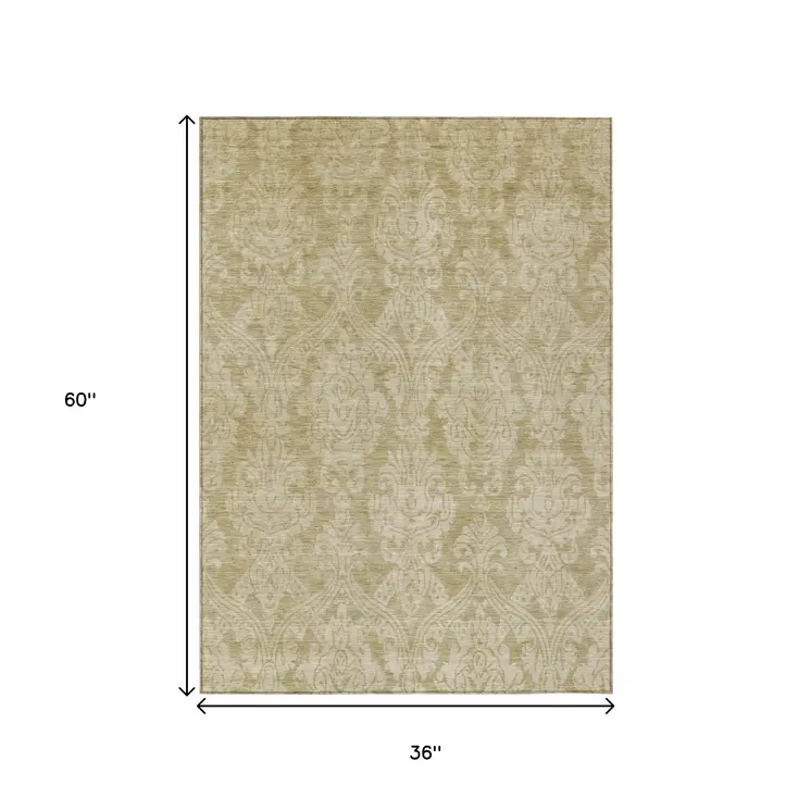 3' X 5' Tan And Beige Damask Washable Indoor Outdoor Area Rug