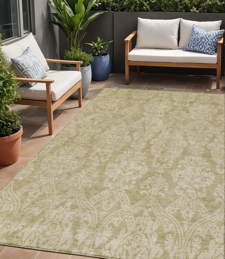 5' X 8' Tan And Beige Damask Washable Indoor Outdoor Area Rug