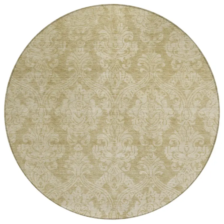 8' Tan And Beige Round Damask Washable Indoor Outdoor Area Rug