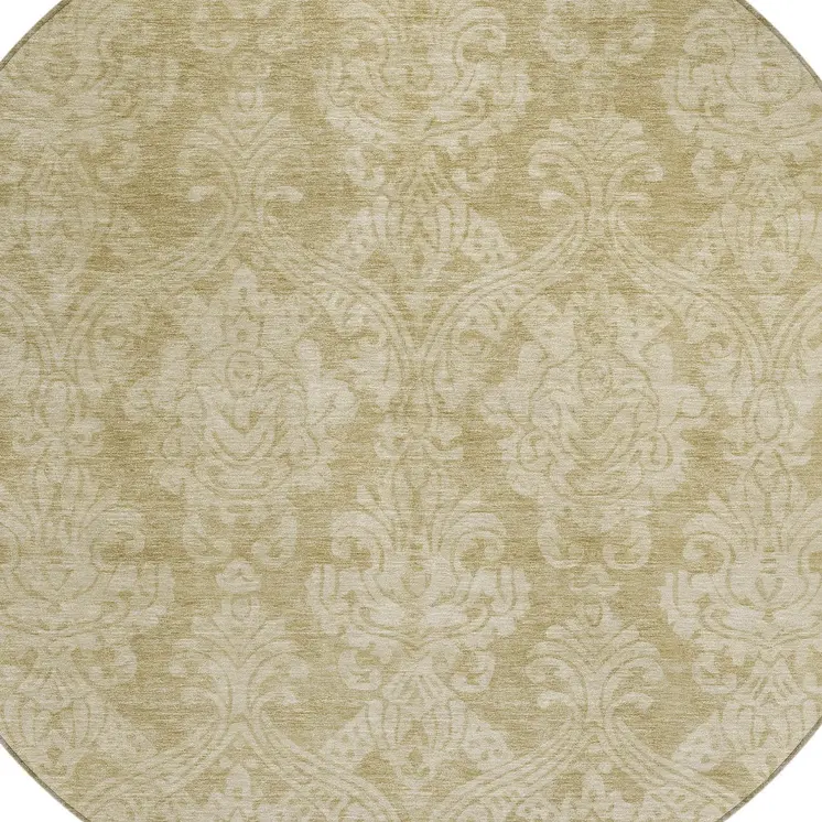 8' Tan And Beige Round Damask Washable Indoor Outdoor Area Rug