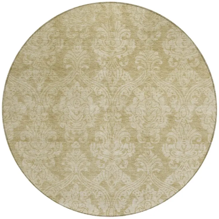 8' Tan And Beige Round Damask Washable Indoor Outdoor Area Rug