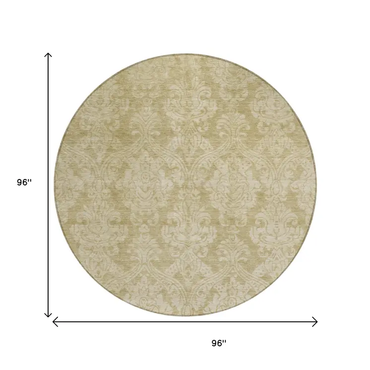8' Tan And Beige Round Damask Washable Indoor Outdoor Area Rug