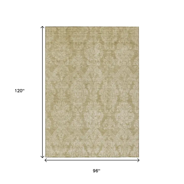 8' X 10' Tan And Beige Damask Washable Indoor Outdoor Area Rug