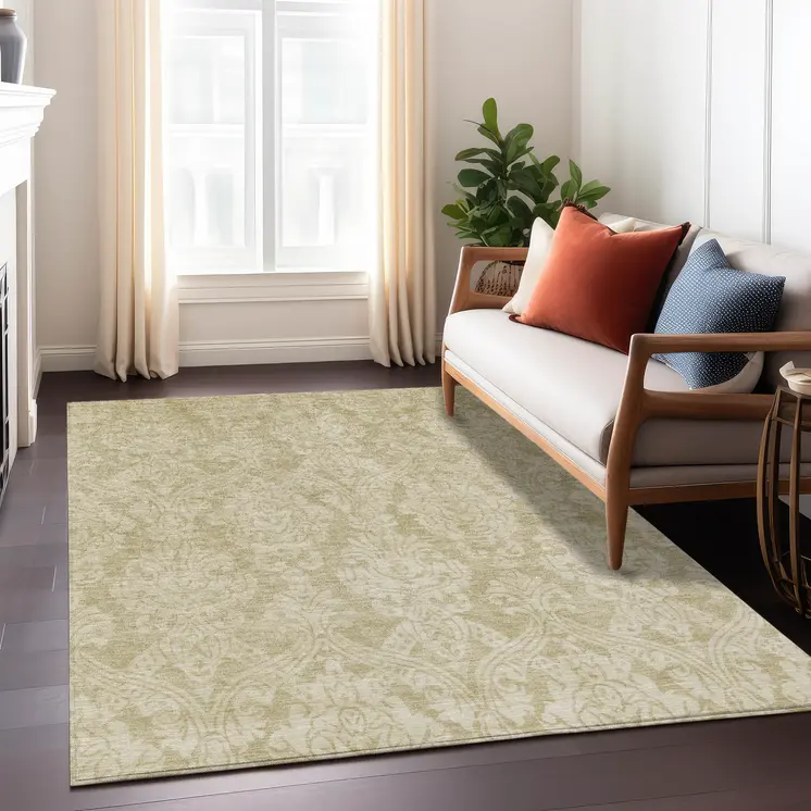 8' X 10' Tan And Beige Damask Washable Indoor Outdoor Area Rug