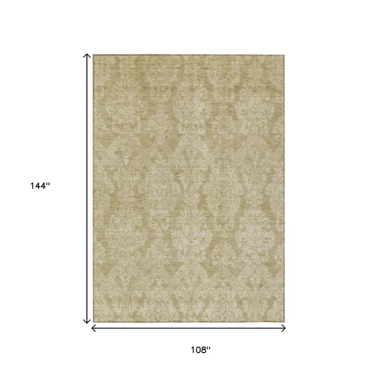 9' X 12' Tan And Beige Damask Washable Indoor Outdoor Area Rug