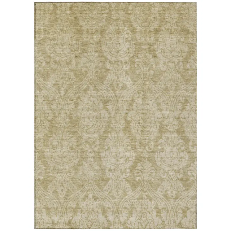 9' X 12' Tan And Beige Damask Washable Indoor Outdoor Area Rug