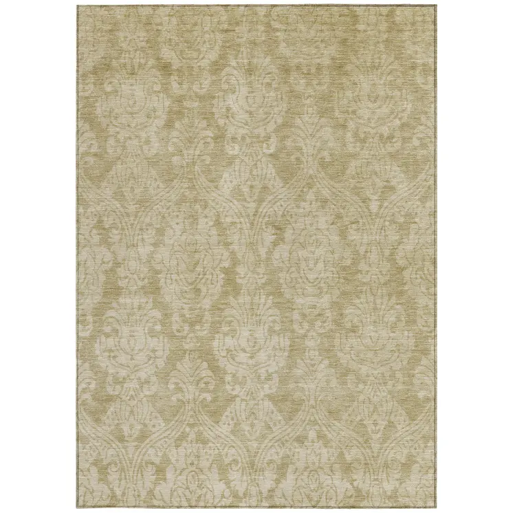 9' X 12' Tan And Beige Damask Washable Indoor Outdoor Area Rug