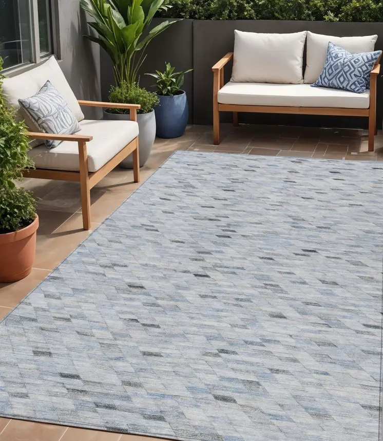 5' X 8' Blue And Gray Geometric Washable Indoor Outdoor Area Rug