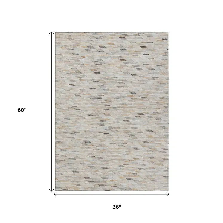 3' X 5' Linen And Gray Geometric Washable Indoor Outdoor Area Rug