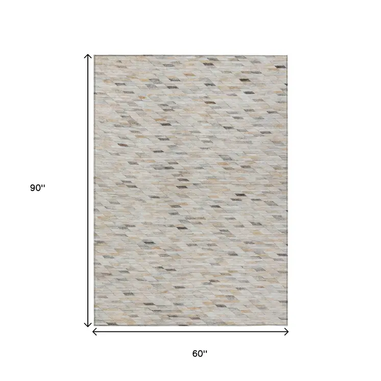 5' X 8' Linen And Gray Geometric Washable Indoor Outdoor Area Rug