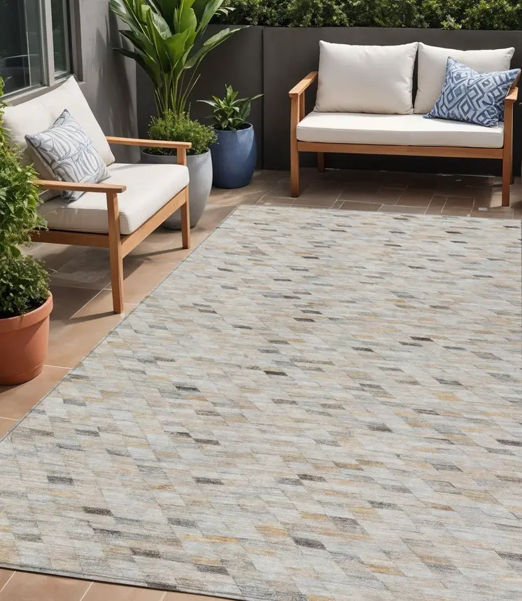 5' X 8' Linen And Gray Geometric Washable Indoor Outdoor Area Rug