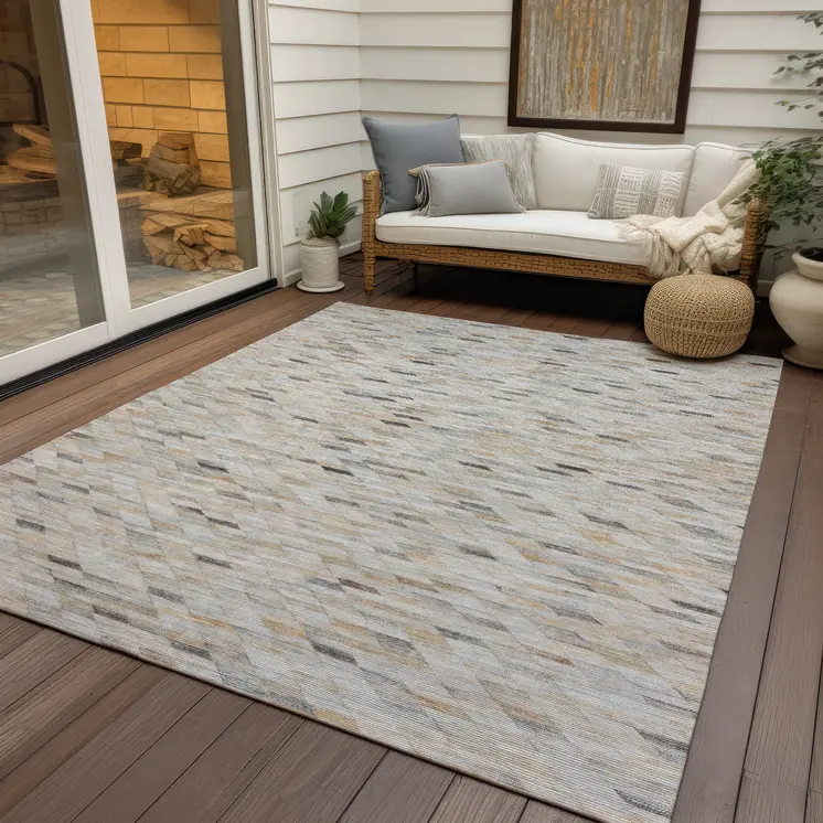 5' X 8' Linen And Gray Geometric Washable Indoor Outdoor Area Rug