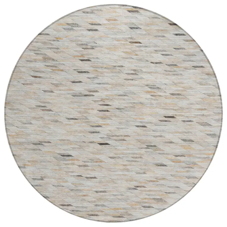 8' Linen And Gray Round Geometric Washable Indoor Outdoor Area Rug