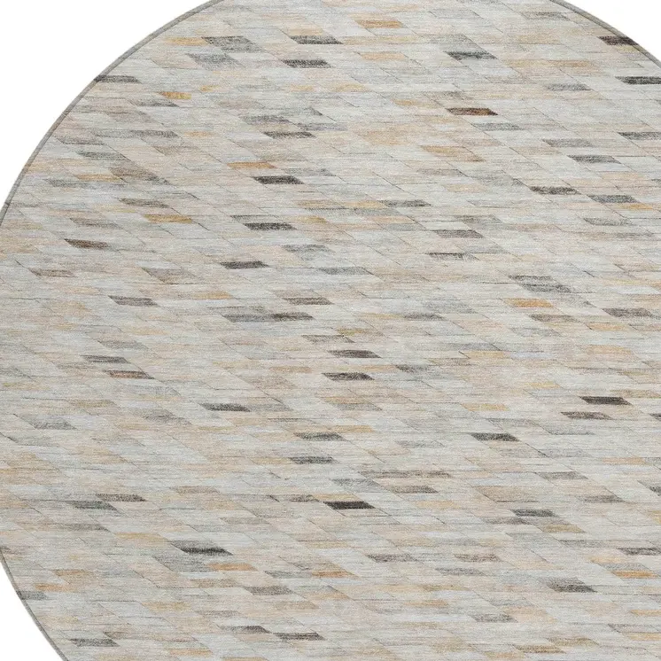 8' Linen And Gray Round Geometric Washable Indoor Outdoor Area Rug
