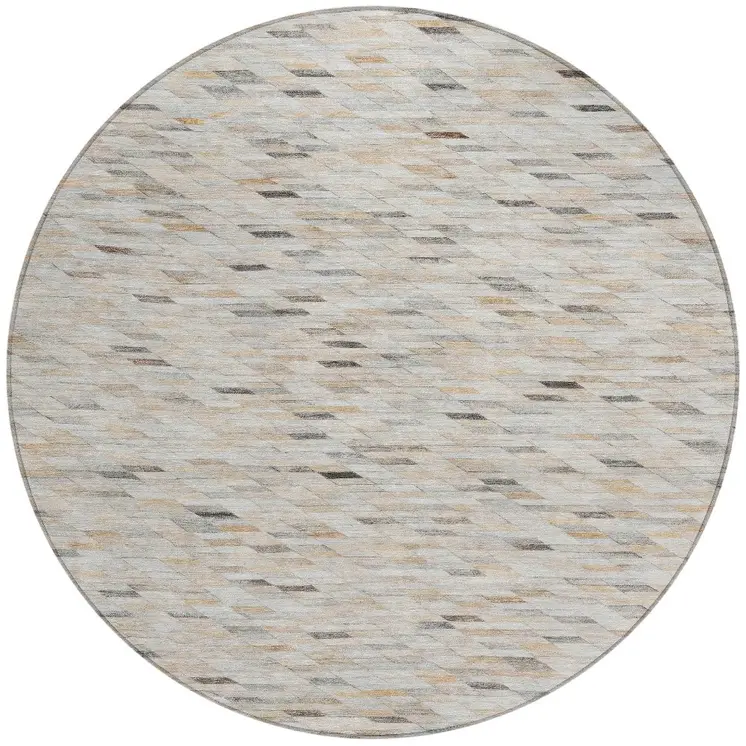 8' Linen And Gray Round Geometric Washable Indoor Outdoor Area Rug