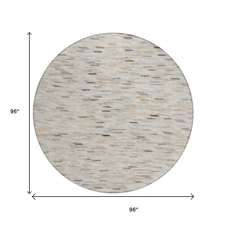 8' Linen And Gray Round Geometric Washable Indoor Outdoor Area Rug