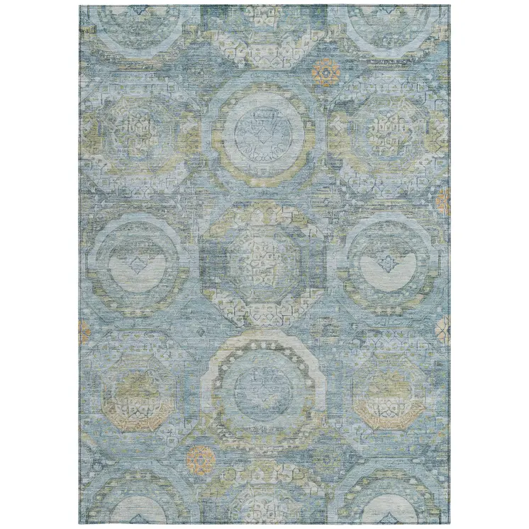 5' X 8' Blue And Gold Medallion Washable Indoor Outdoor Area Rug