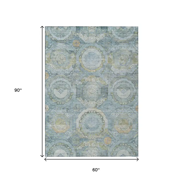5' X 8' Blue And Gold Medallion Washable Indoor Outdoor Area Rug