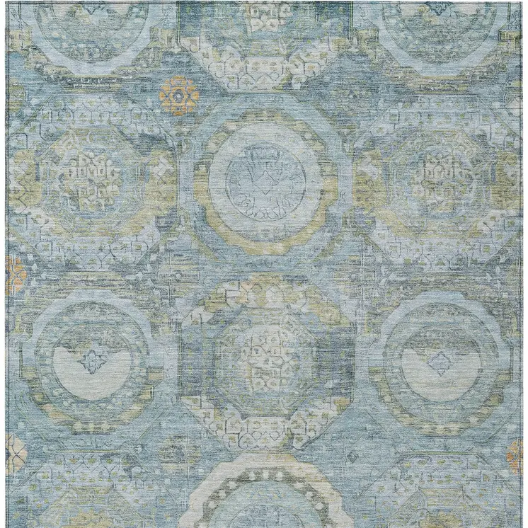 5' X 8' Blue And Gold Medallion Washable Indoor Outdoor Area Rug