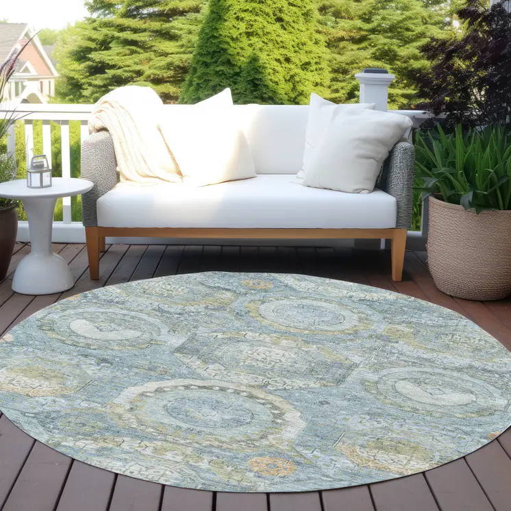 8' Blue And Gold Round Medallion Washable Indoor Outdoor Area Rug