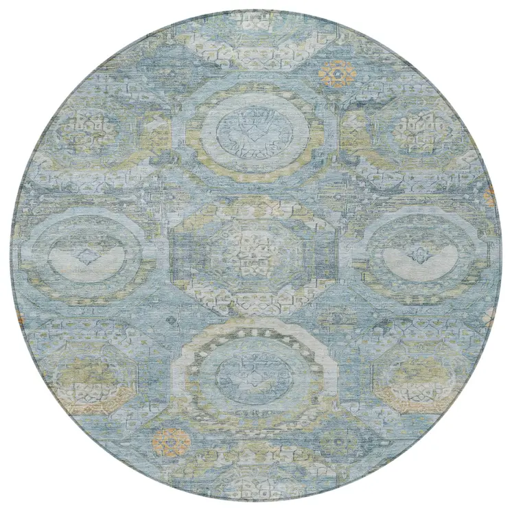 8' Blue And Gold Round Medallion Washable Indoor Outdoor Area Rug